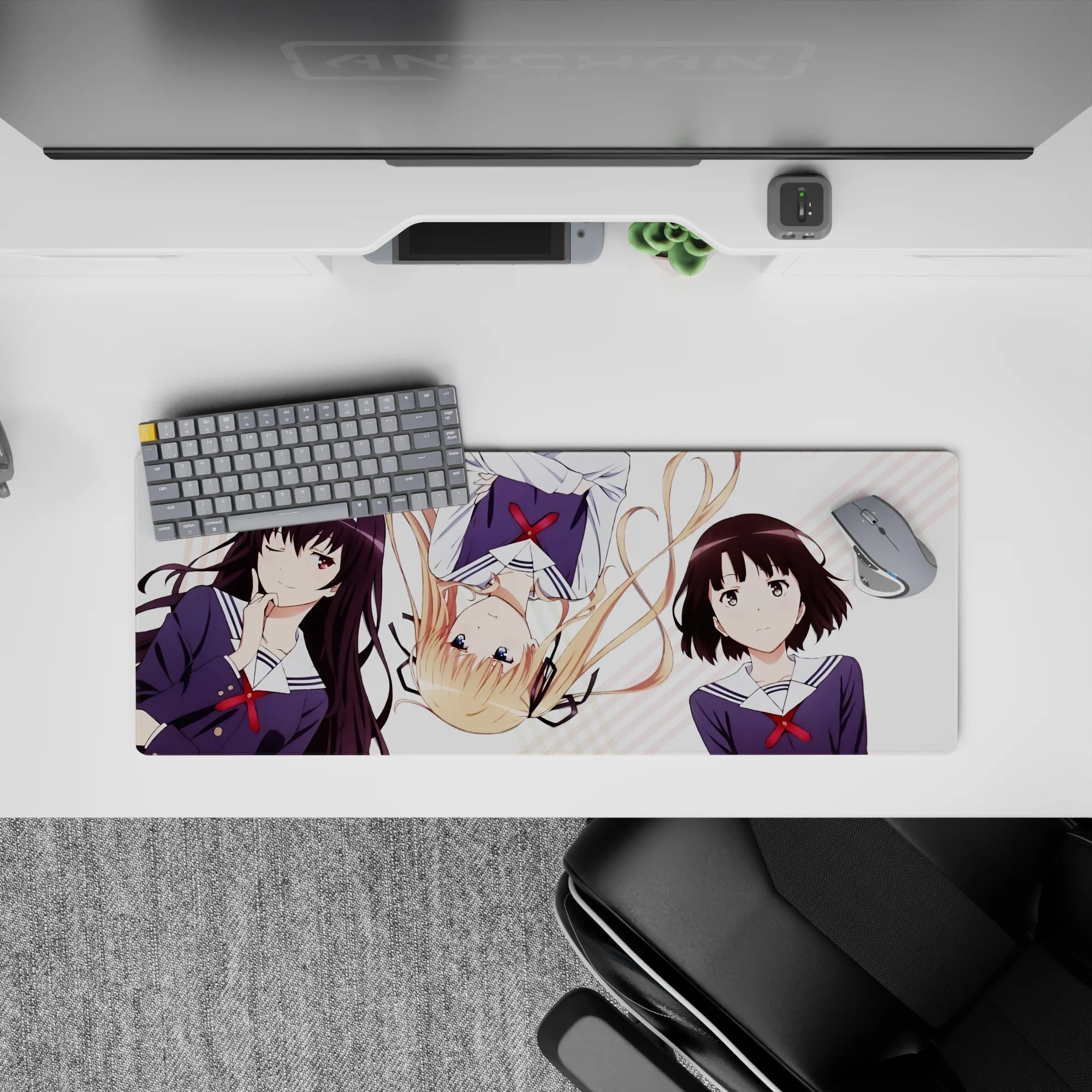 Cute pastel stripe anime girl mouse pad 32x12 inches, navy uniforms, red ribbons, clean white.