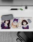 Cute pastel stripe anime girl mouse pad 32x12 inches, navy uniforms, red ribbons, clean white.