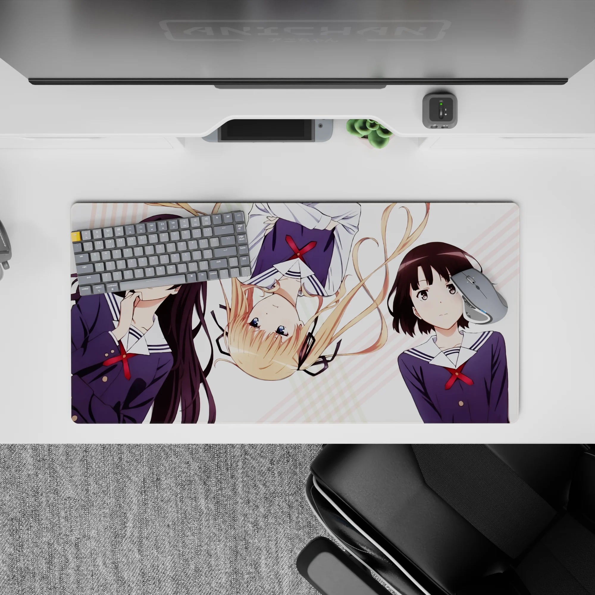 Cute pastel stripe anime girl mouse pad 32x16 inches, navy uniforms, red ribbons, clean white look.