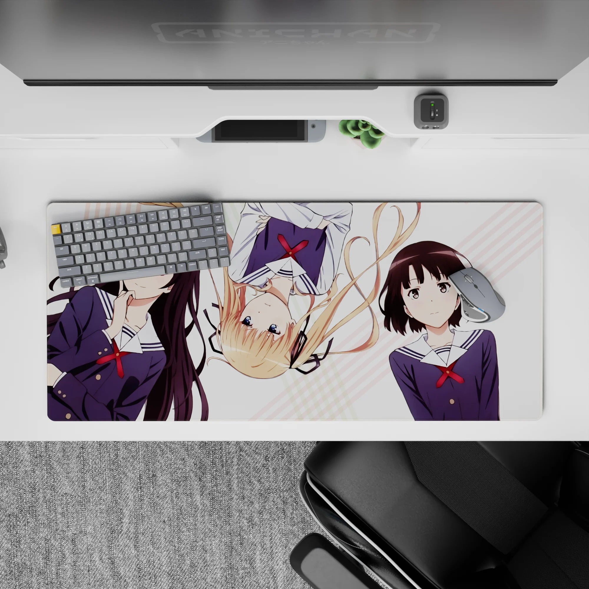Cute pastel-striped anime desk pad 36x16 inches, navy uniforms, red ribbons, clean white look.
