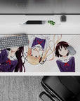Cute pastel-striped anime desk pad 36x16 inches, navy uniforms, red ribbons, clean white look.