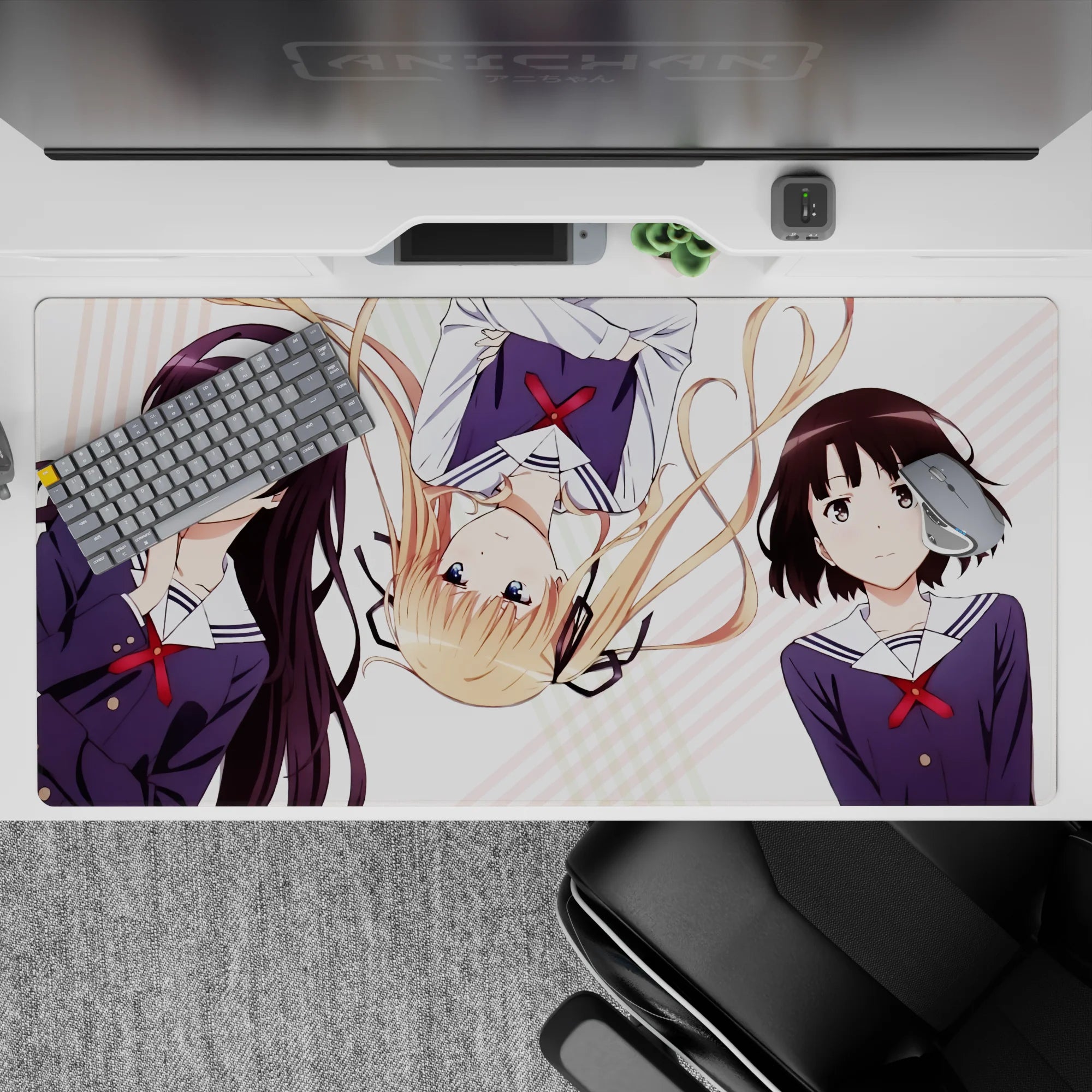Cute pastel stripe anime desk pad 40x20 inches, navy uniforms and bright red ribbons on clean white.