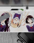 Cute pastel stripe anime desk pad 40x20 inches, navy uniforms and bright red ribbons on clean white.