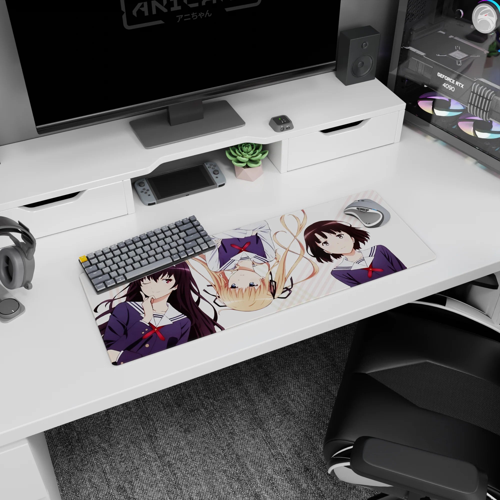 Megumi Katou winking with Eriri and Utaha on a desk mat anime girl mouse pad 32x12 inches.