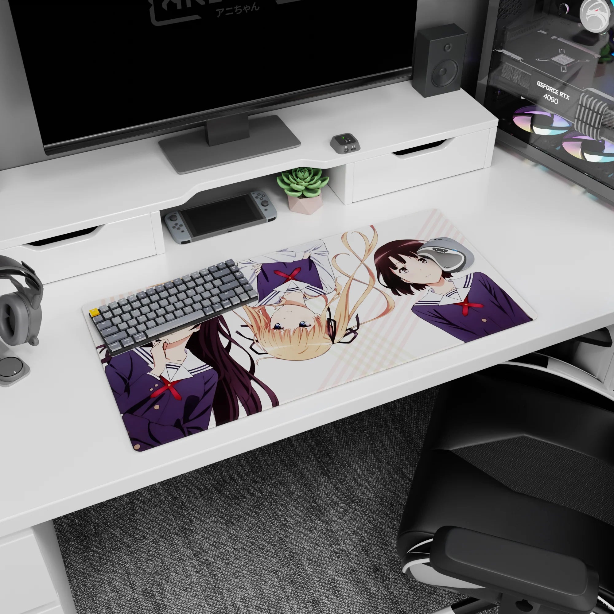 Megumi Katou winking with Eriri and Utaha drifting across stripes on a 32x16 inches mouse pad.