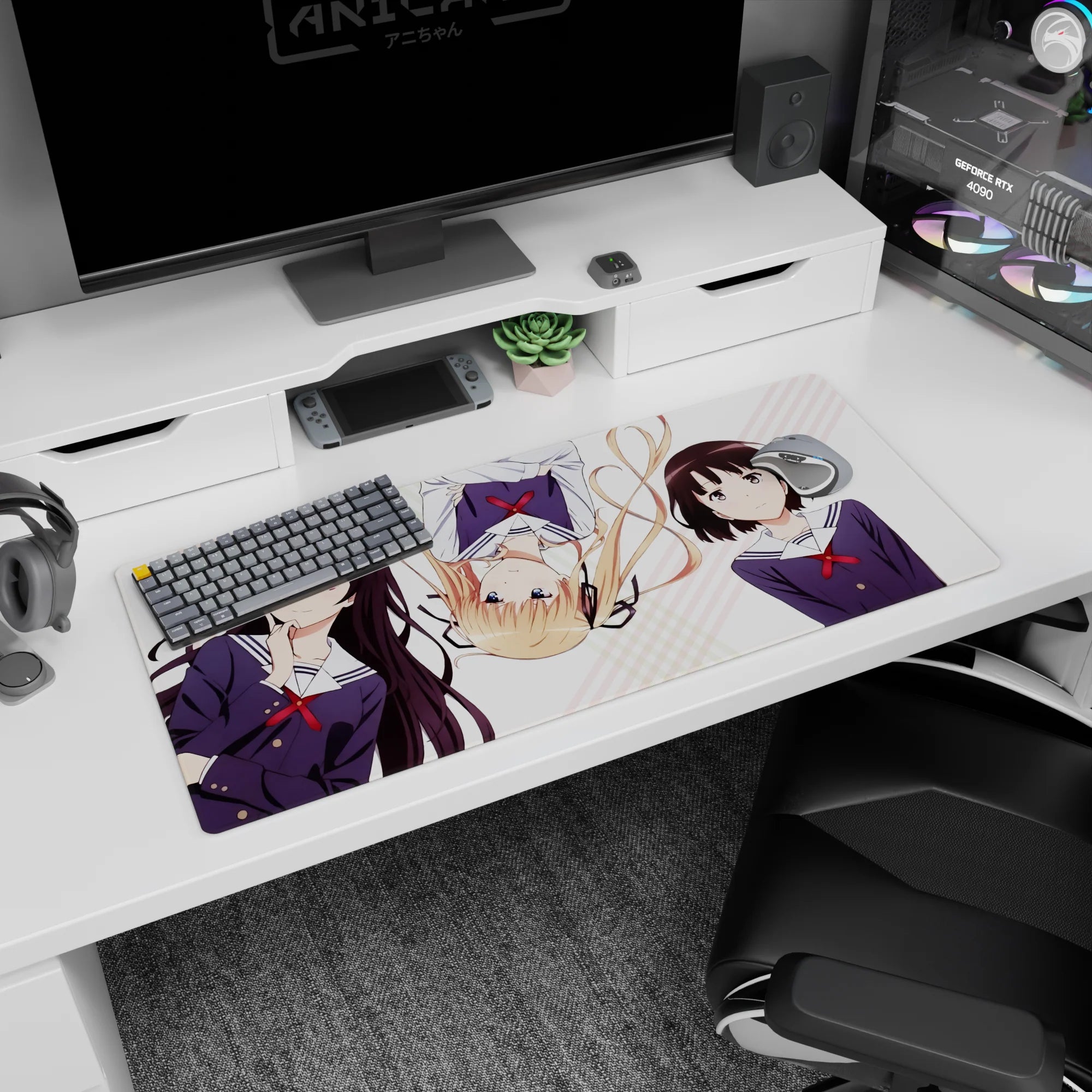 Megumi Katou winking with Eriri and Utaha anime desk pad 36x16 inches, Saekano style.