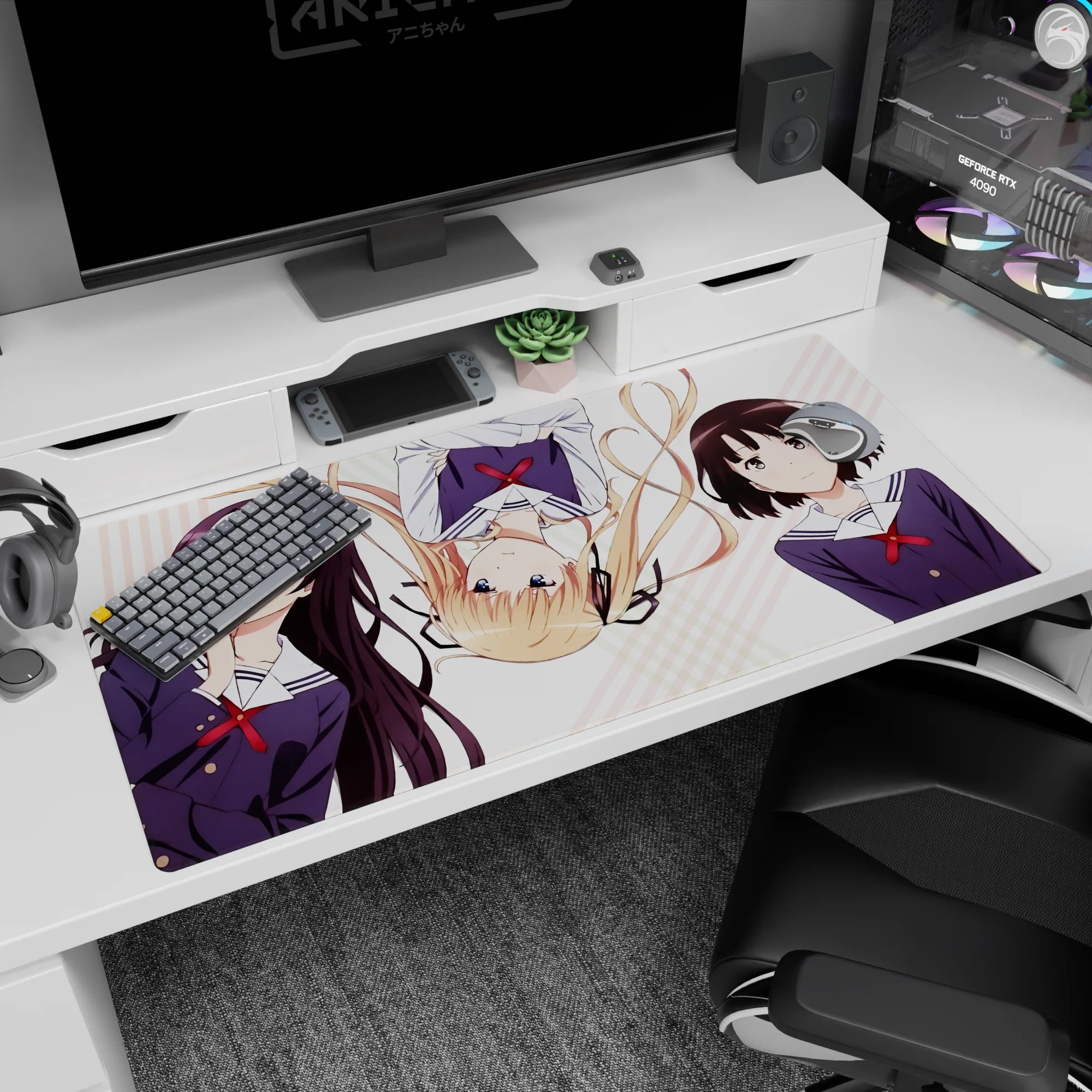 Megumi Katou winking with Eriri and Utaha drifting across stripes on 40x20 inches desk pad.