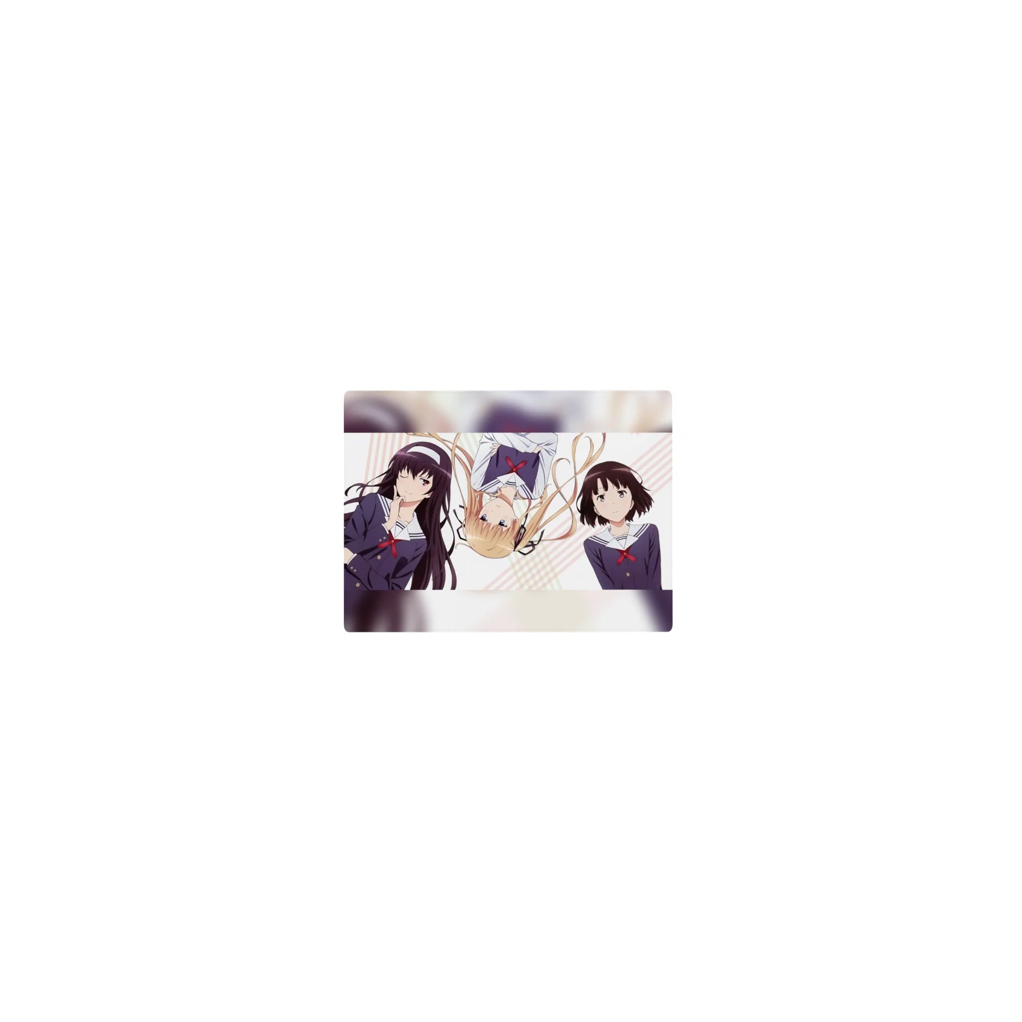 Classic anime girl mouse pad 14x10 inches with Saekano trio on pastel stripes and clean white background.
