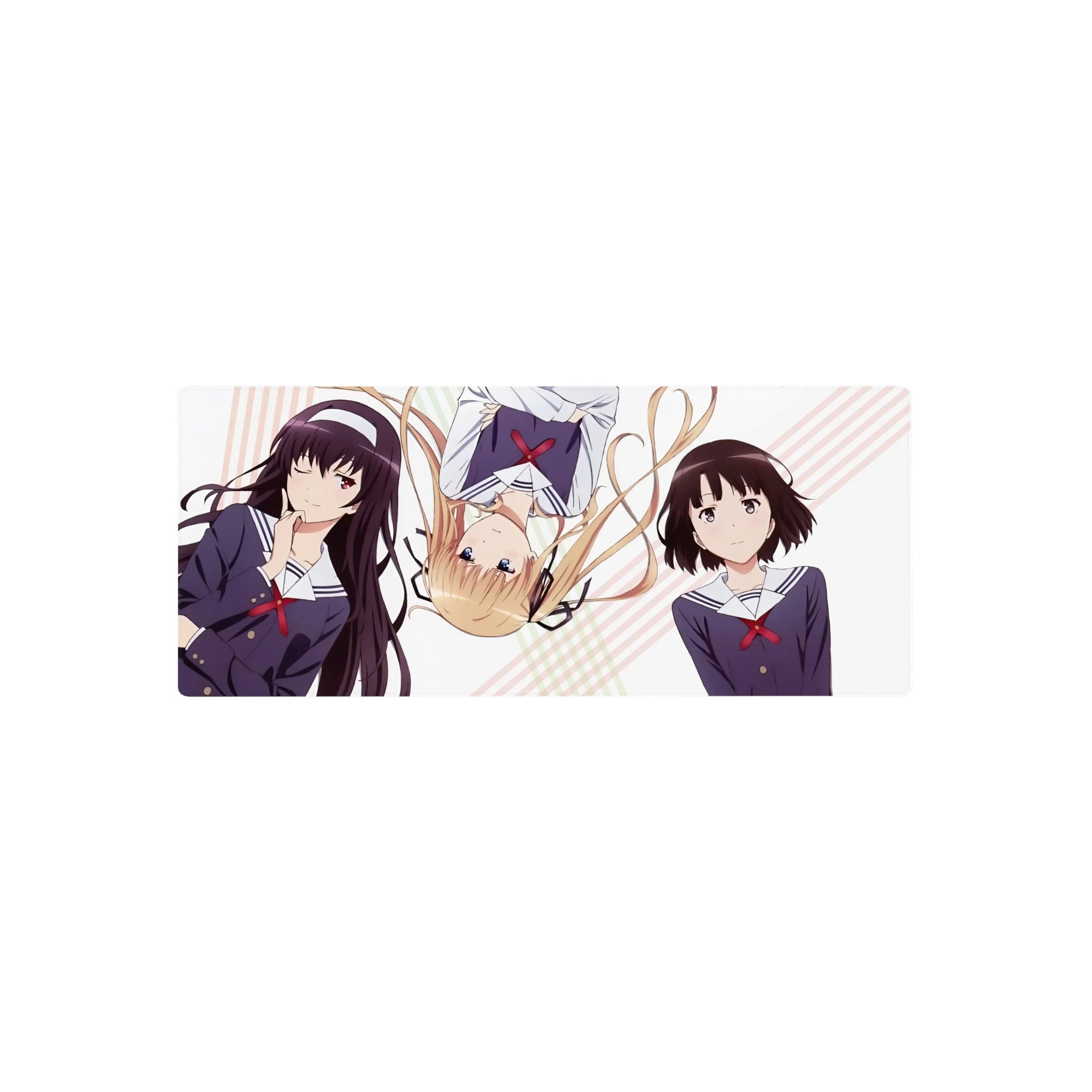28x12 inches anime girl mouse pad with Saekano trio on pastel stripes, clean white background.