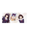 28x12 inches anime girl mouse pad with Saekano trio on pastel stripes, clean white background.