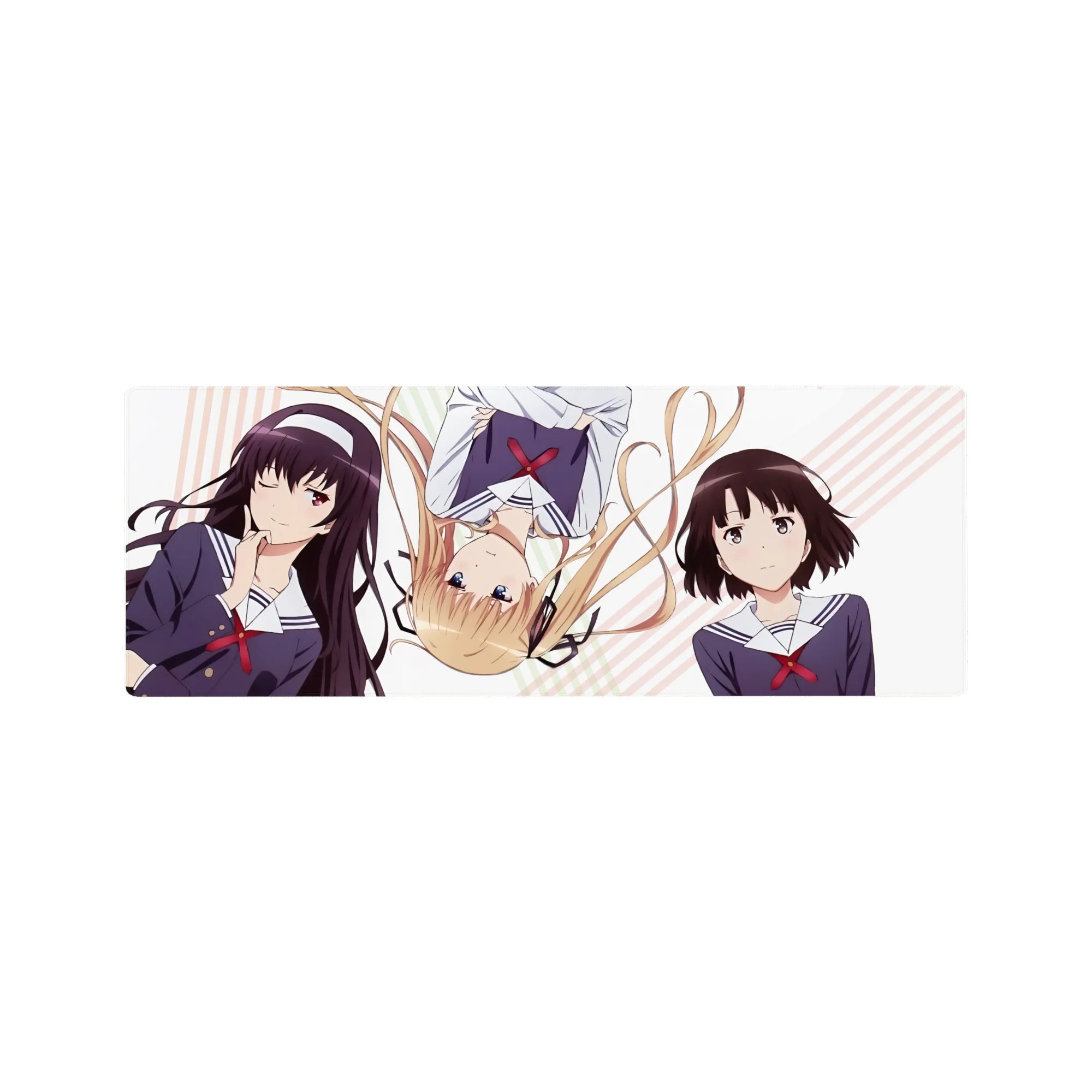 Saekano anime girl mouse pad 32x12 inches with Megumi, Eriri, and Utaha on pastel stripes.