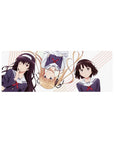 Saekano anime girl mouse pad 32x12 inches with Megumi, Eriri, and Utaha on pastel stripes.