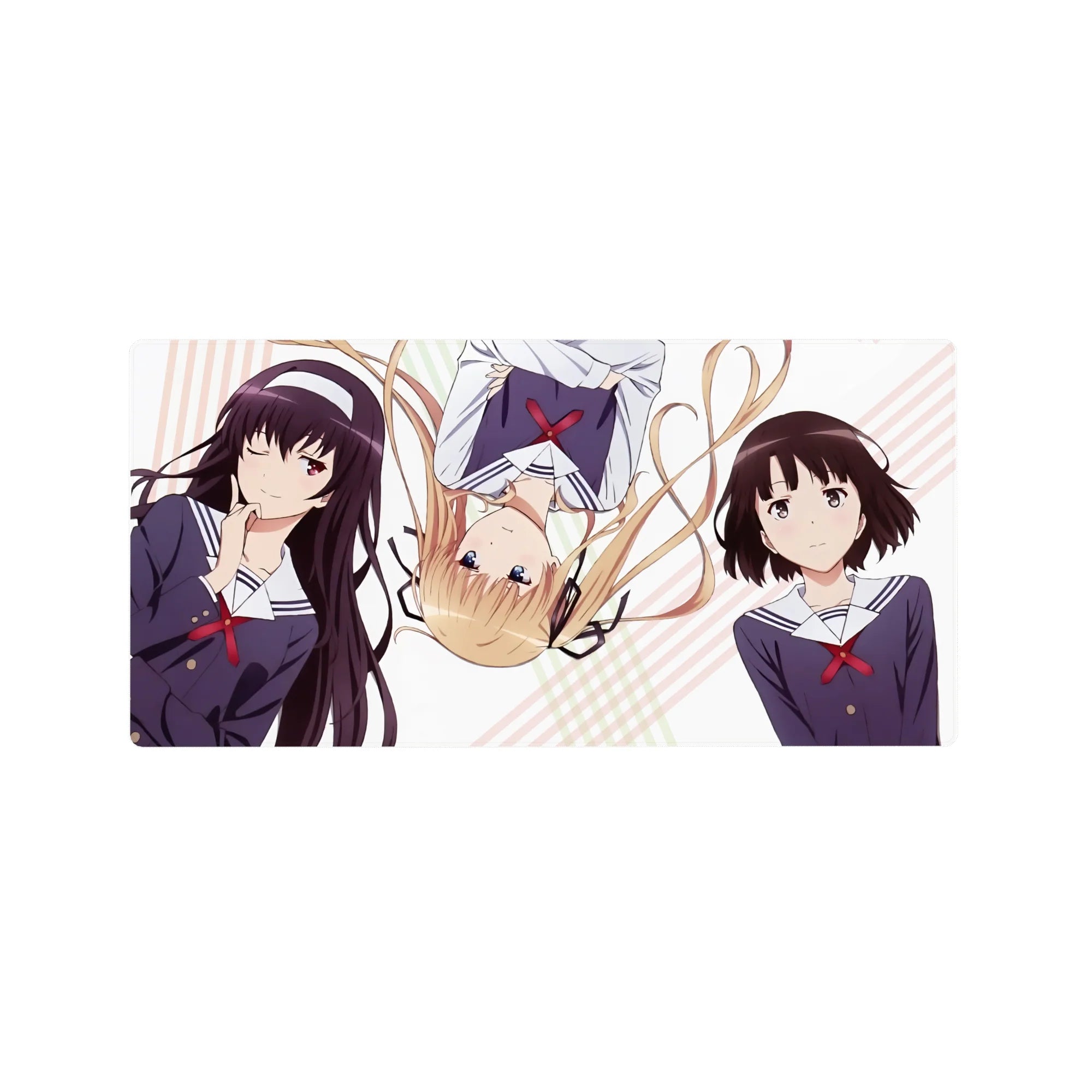 Saekano anime girl mouse pad 32x16 inches with Megumi, Eriri, and Utaha on pastel stripes.
