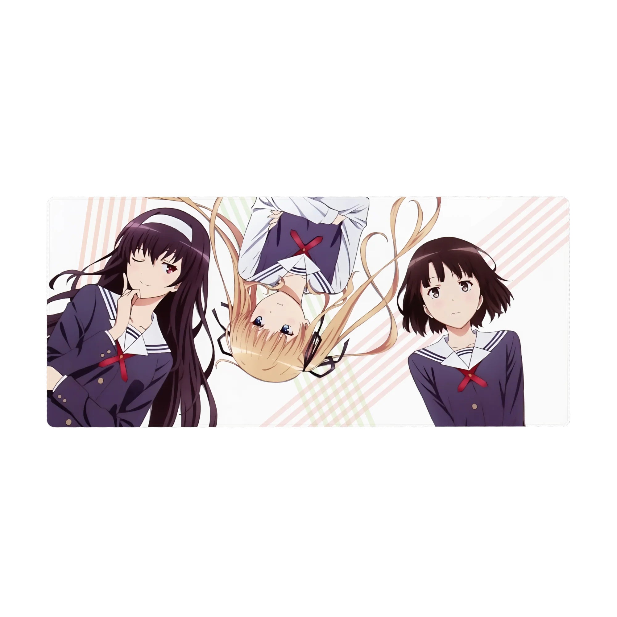 Saekano anime girl desk pad 36x16 inches with Megumi, Eriri and Utaha on pastel stripes.