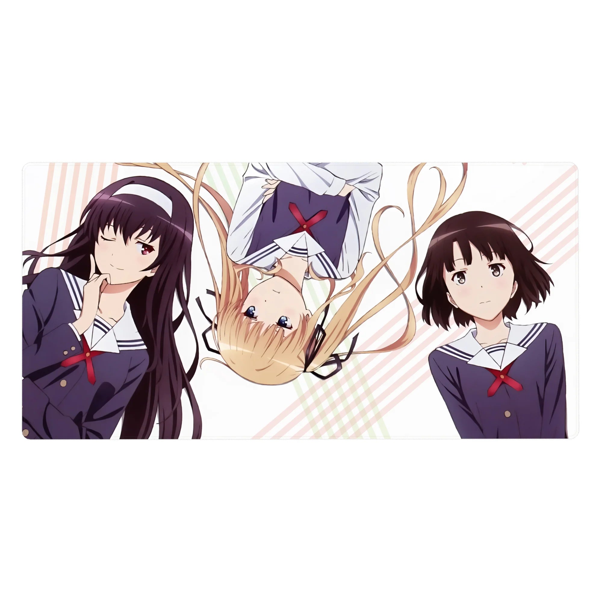 Saekano anime girl desk pad 40x20 inches with Megumi, Eriri, Utaha on pastel stripes, white bg.