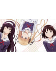 Saekano anime girl desk pad 40x20 inches with Megumi, Eriri, Utaha on pastel stripes, white bg.