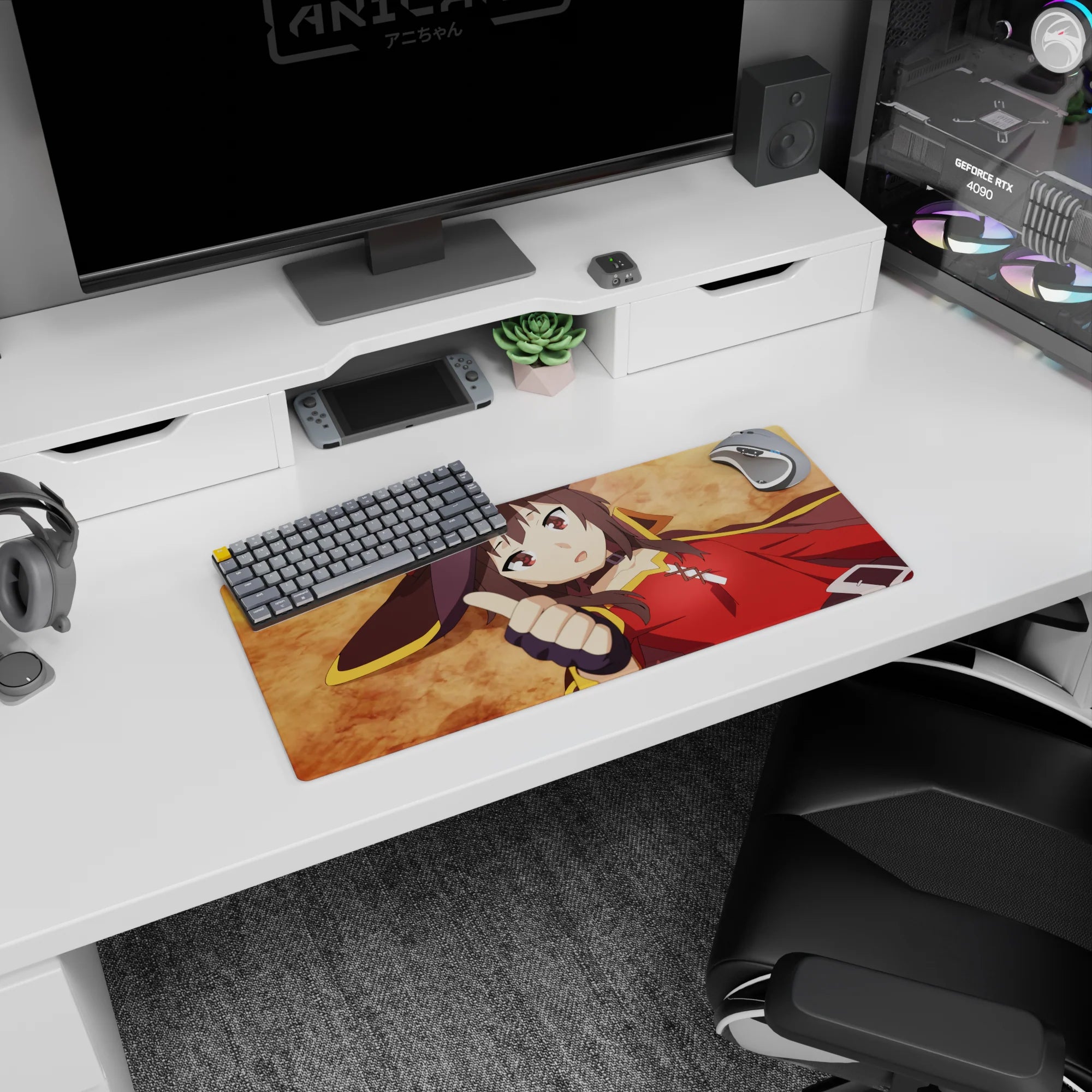 Megumin from KonoSuba anime mouse pad, 28x12 inches, showcasing her thumbs-up pose with a vivid ochre background.