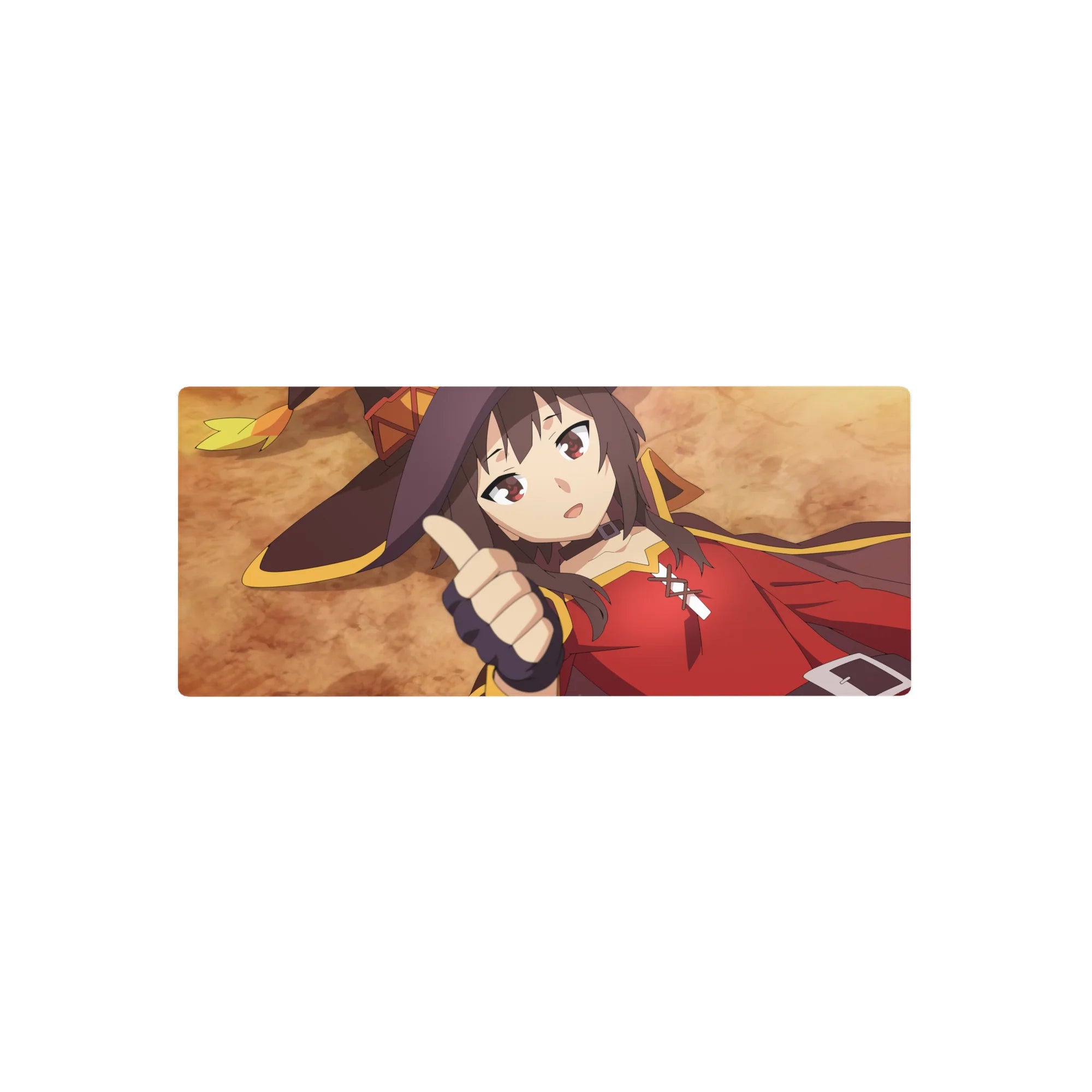 Megumin from KonoSuba on 28x12 inches anime mouse pad, lying on ground with thumbs up, crimson cloak, ochre background.
