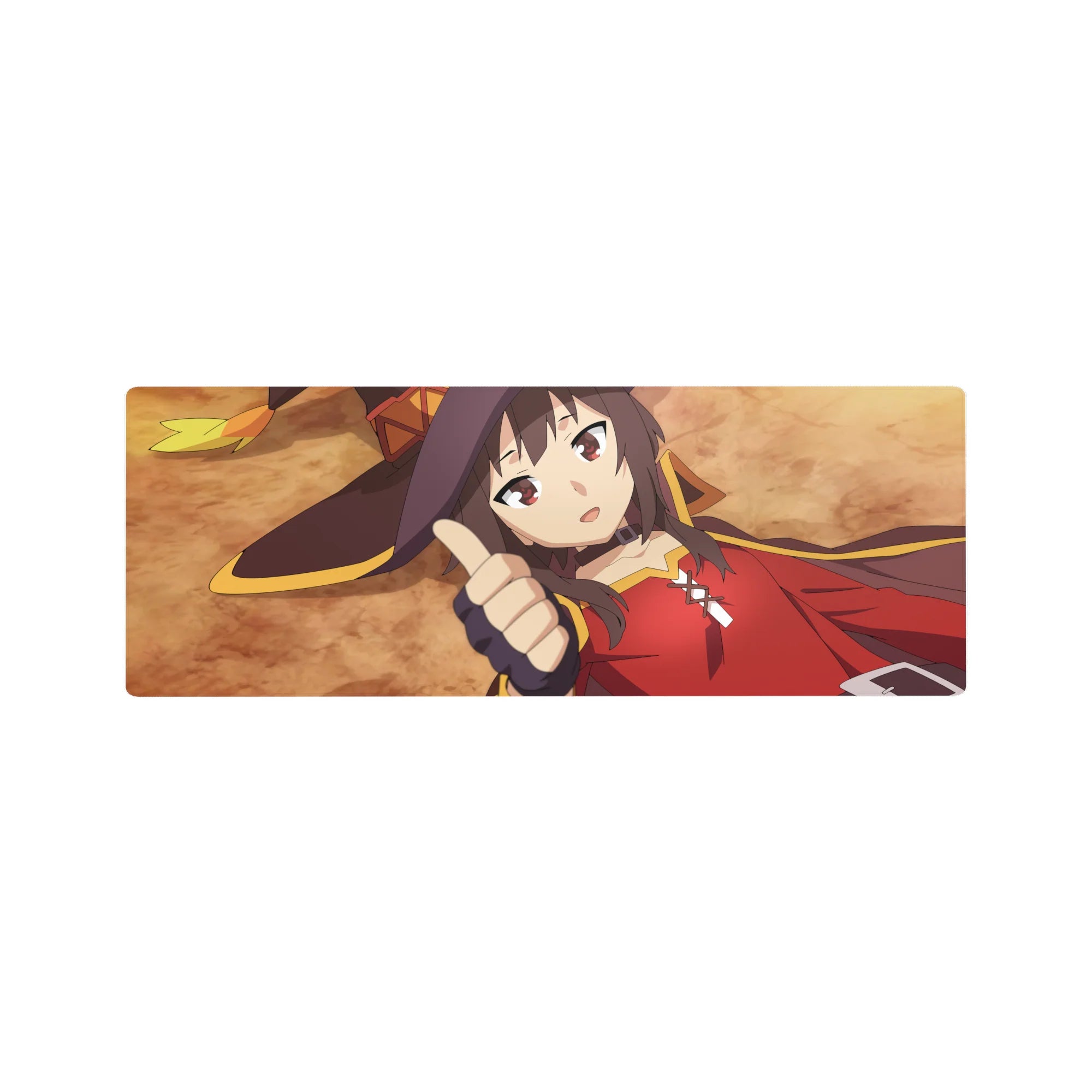 Megumin from KonoSuba anime mouse pad, 32x12 inches, featuring her iconic pose with crimson cloak and witch hat on ochre background.