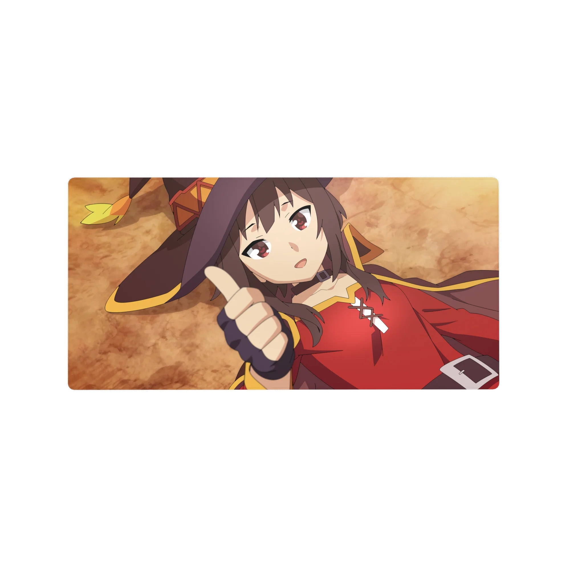 Megumin from KonoSuba anime mouse pad, 32x16 inches, showcasing her iconic crimson cloak and witch hat on a warm ochre background.