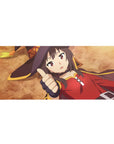 Anime desk pad 36x16 inches featuring Megumin from KonoSuba, lying on the ground with a thumbs up on an ochre background.