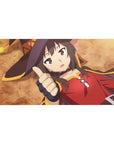 Megumin from KonoSuba anime mouse pad, 40x20 inches, in iconic pose with ochre background and crimson cloak.