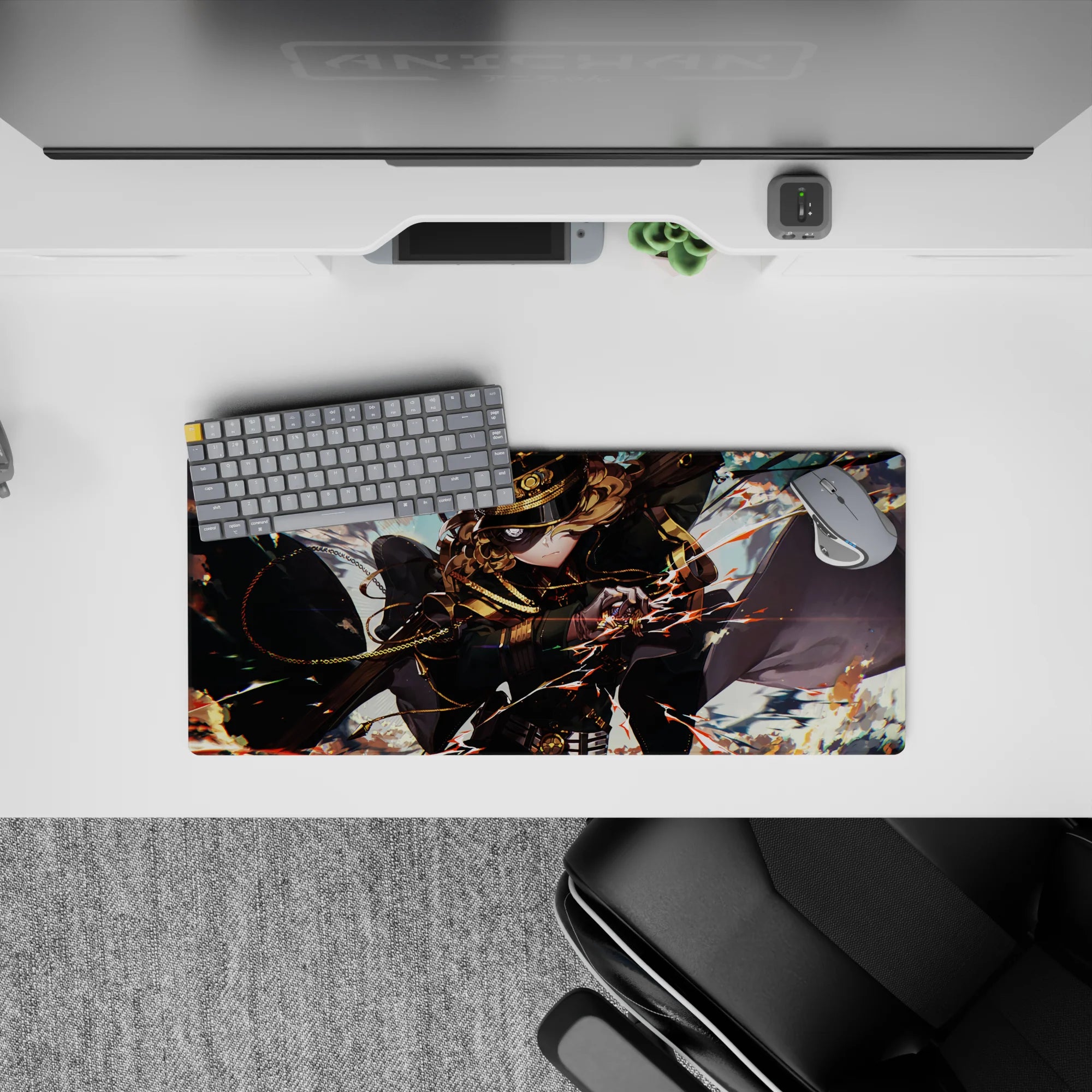 28x12 inches anime girl mouse pad in smoky blues and pale sky with orange sparks, fast cinematic vibe.