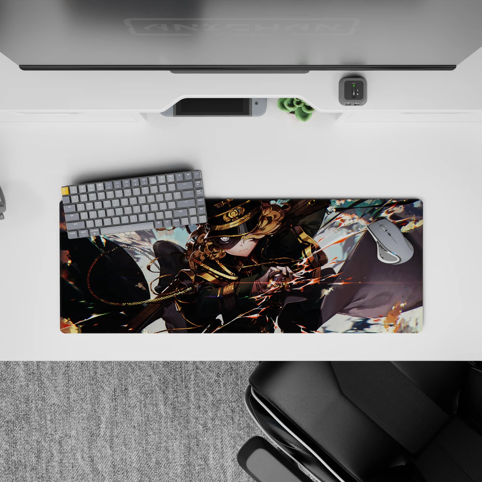 32x12 inches anime girl mouse pad in smoky blues with orange sparks, fast cinematic chaos vibe.
