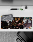 32x12 inches anime girl mouse pad in smoky blues with orange sparks, fast cinematic chaos vibe.