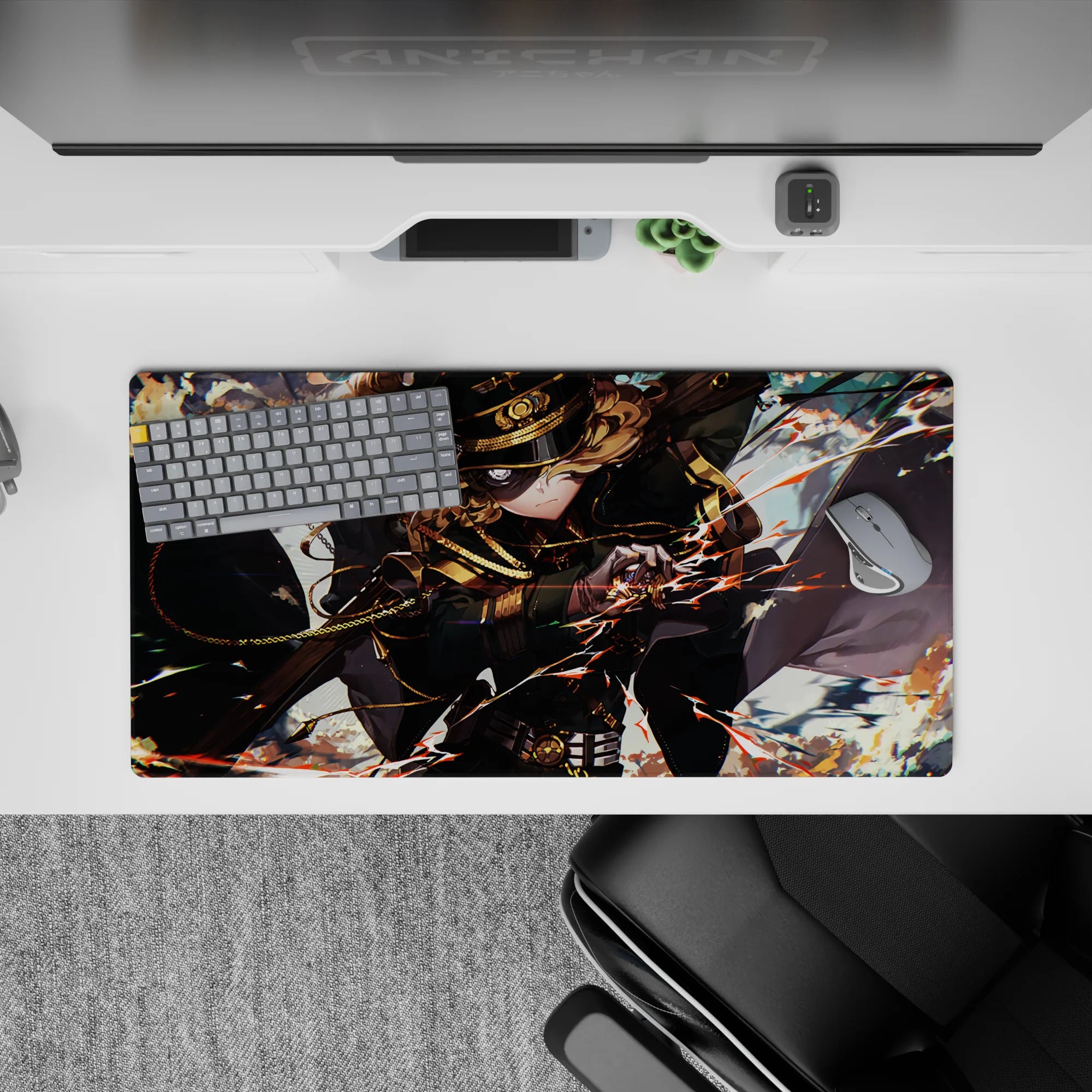 Anime girl mouse pad 32x16 inches in smoky blues and pale sky with orange sparks and cinematic chaos vibe.