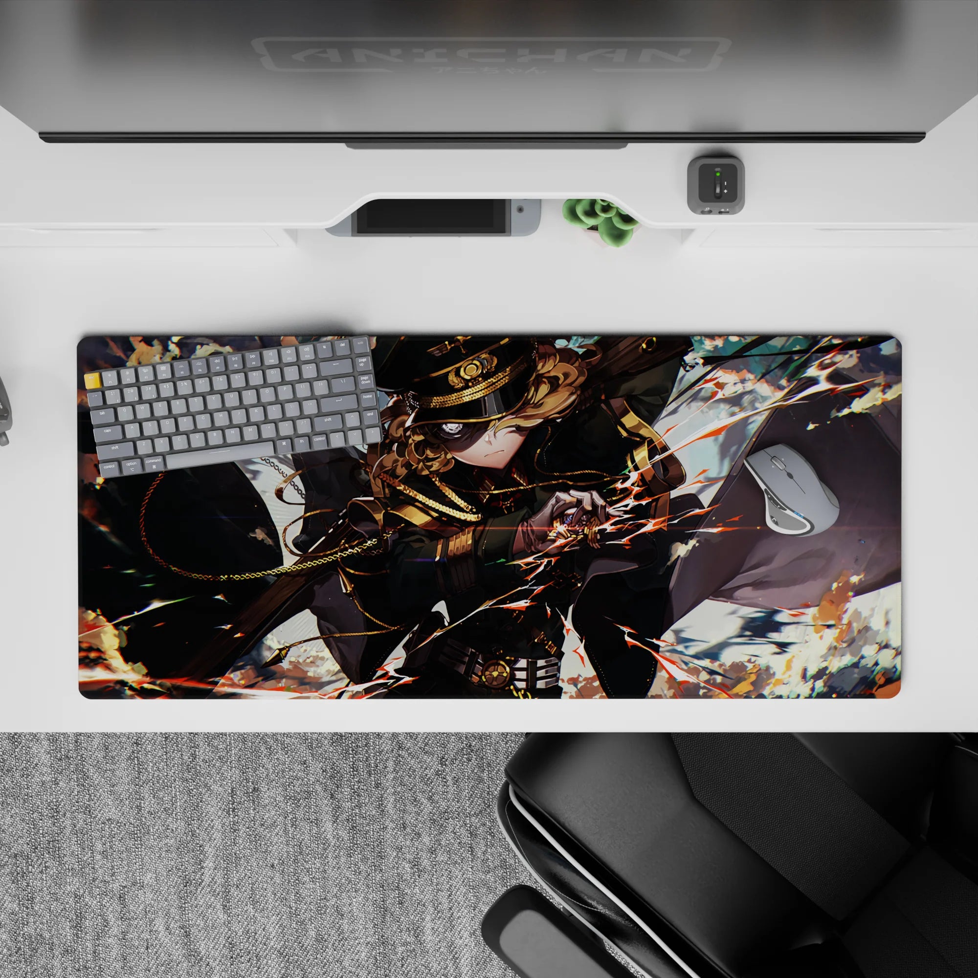 Cinematic anime desk pad 36x16 inches in smoky blues with orange sparks, bronze chains, and action energy.