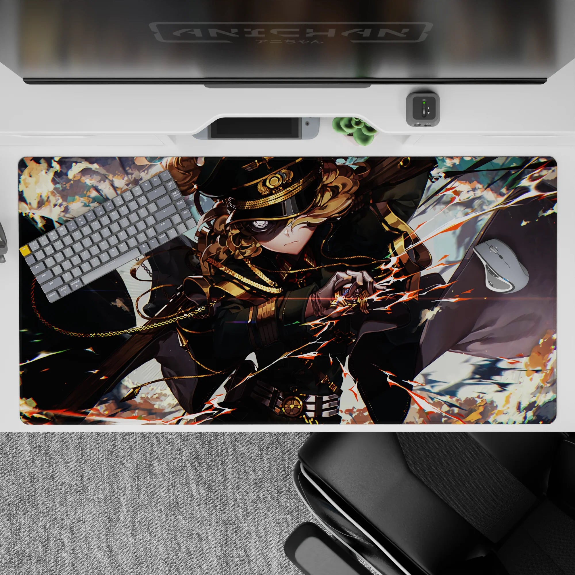 Cinematic anime desk pad 40x20 inches in smoky blues with orange sparks and warm bronze chain accents.