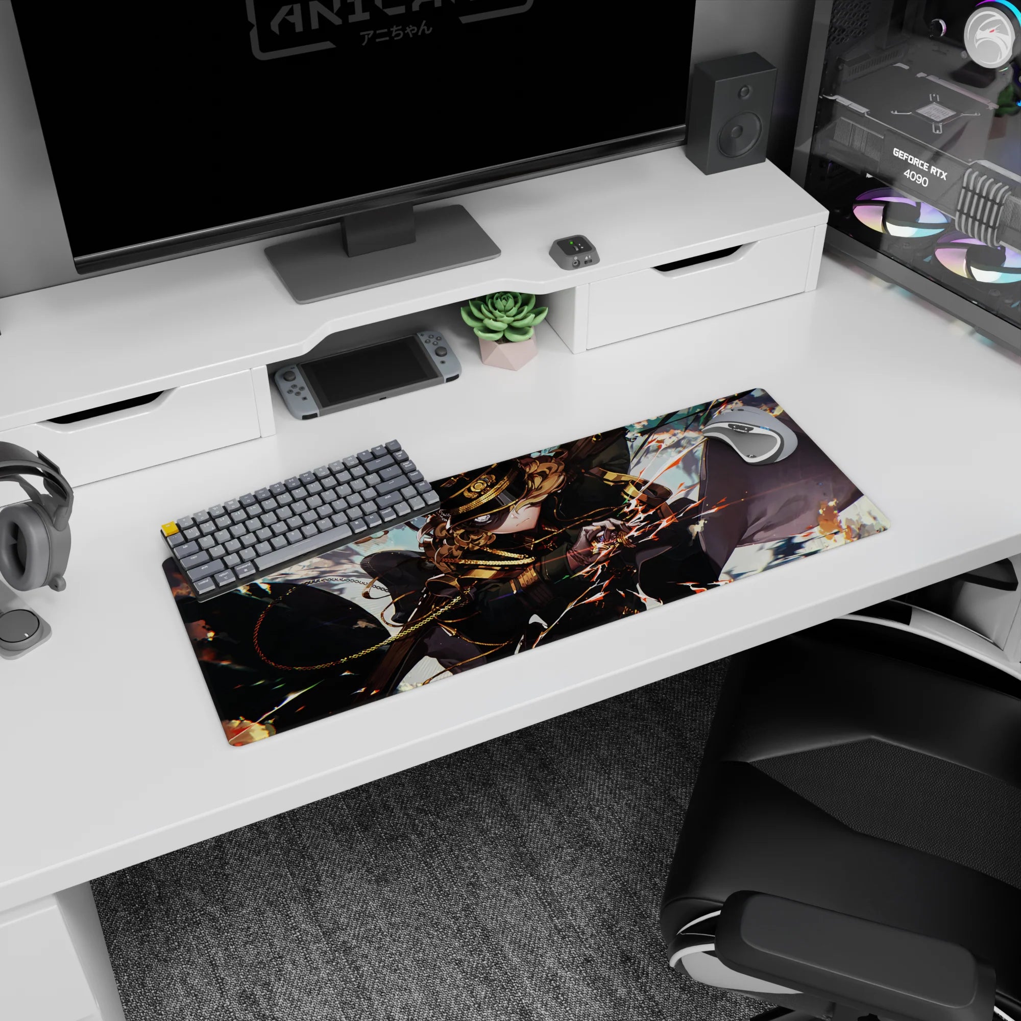 32x12 inches anime girl mouse pad of curly-haired commander lunging forward, bronze chains and insignia.