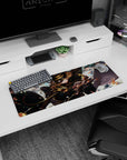32x12 inches anime girl mouse pad of curly-haired commander lunging forward, bronze chains and insignia.