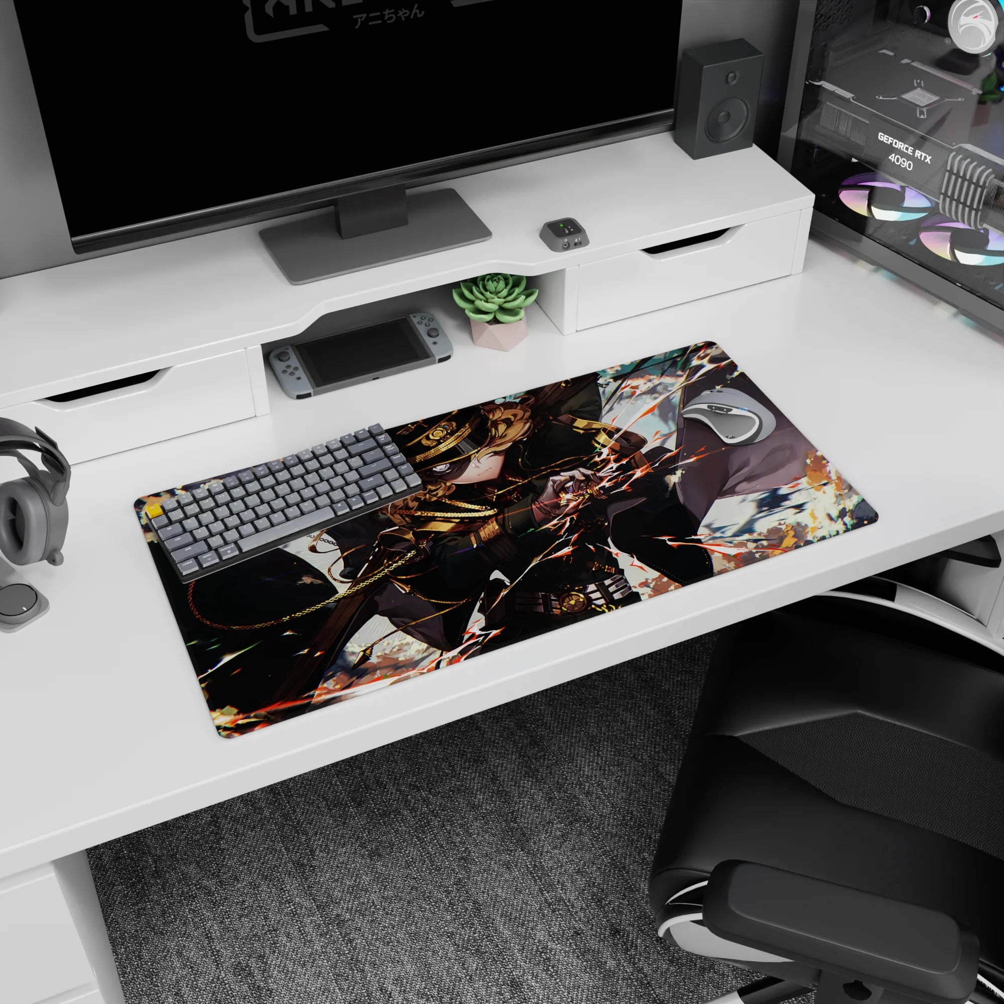 Anime girl mouse pad 32x16 inches showing curly-haired commander diving forward, chains and buckles flying.
