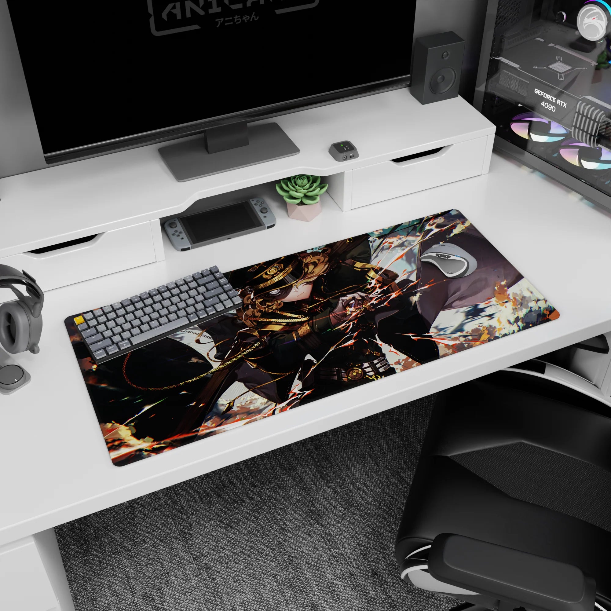 Curly-haired anime commander lunging forward on desk pad 36x16 inches, cloak flaring with buckles and insignia.
