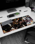 Curly-haired anime commander lunging forward on desk pad 36x16 inches, cloak flaring with buckles and insignia.