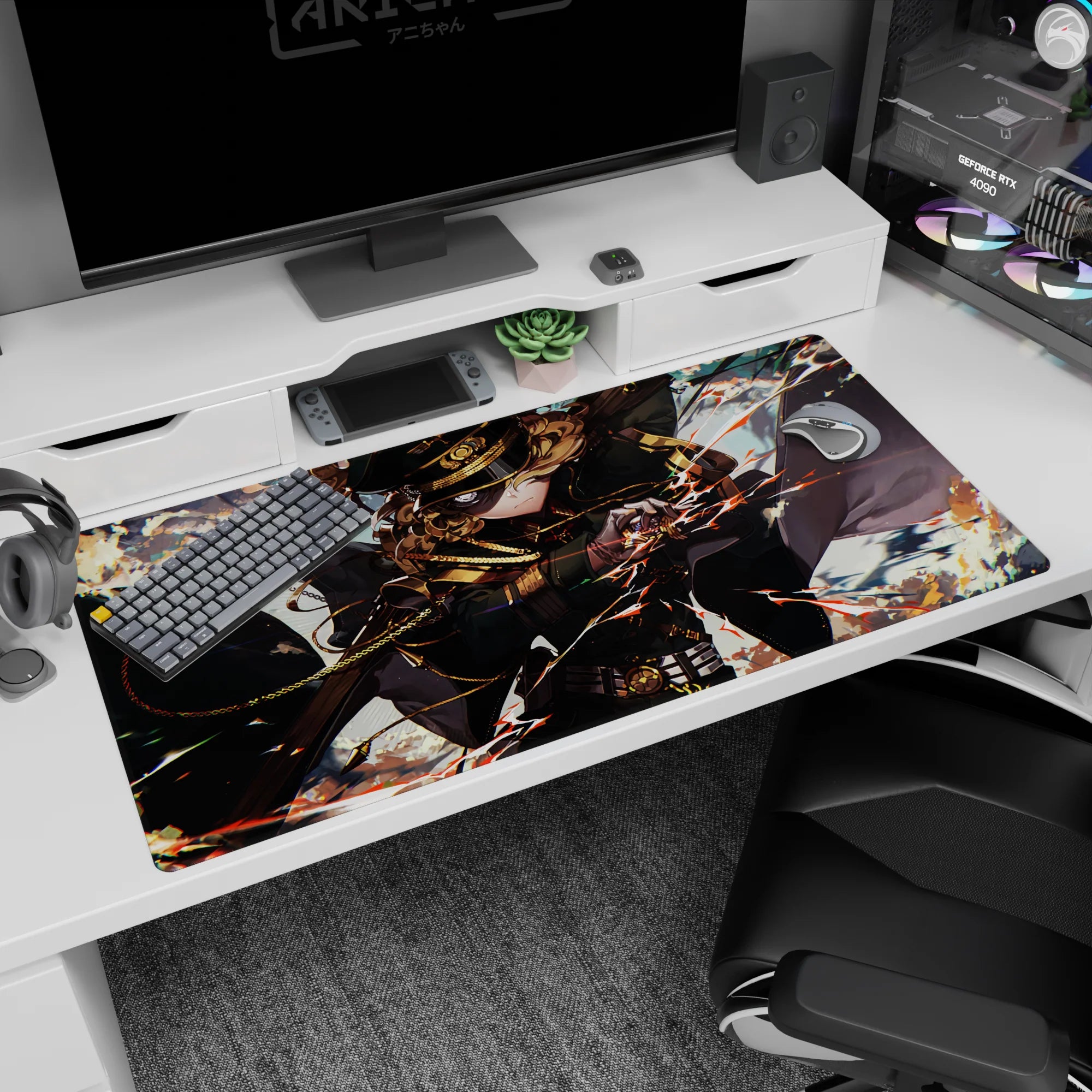40x20 inches anime desk pad showing curly-haired commander lunging forward, cloak whipping through sparks.