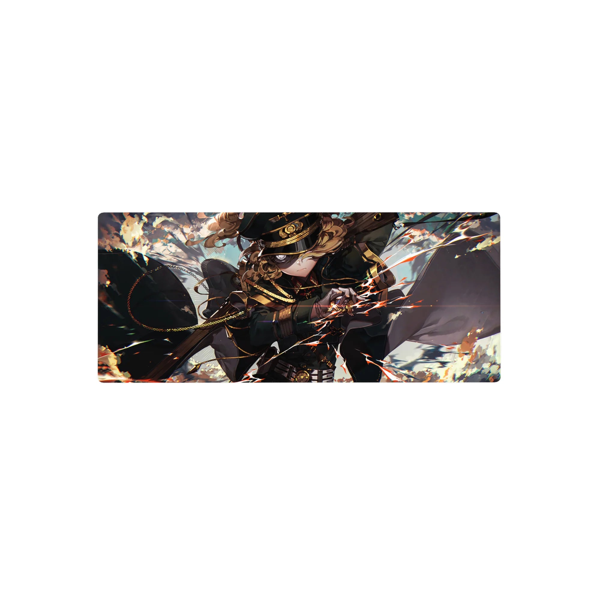 28x12 inches anime girl mouse pad with commander in black cap, gold-trim uniform, flaring cloak and chains.
