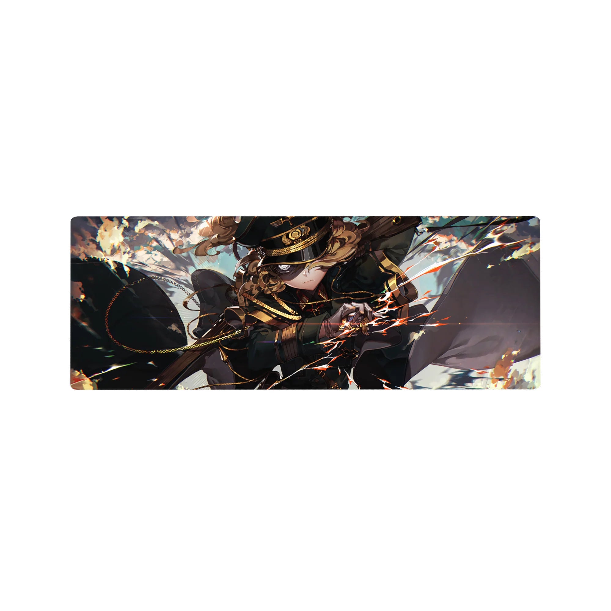 32x12 inches anime girl mouse pad with commander in black cap, gold-trim uniform, and flaring cloak.