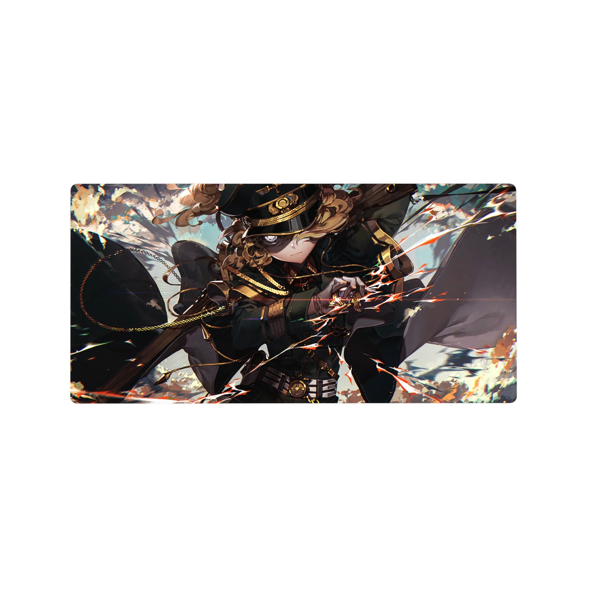 Anime girl mouse pad 32x16 inches with commander in black cap, gold-trim uniform, and flaring cloak.