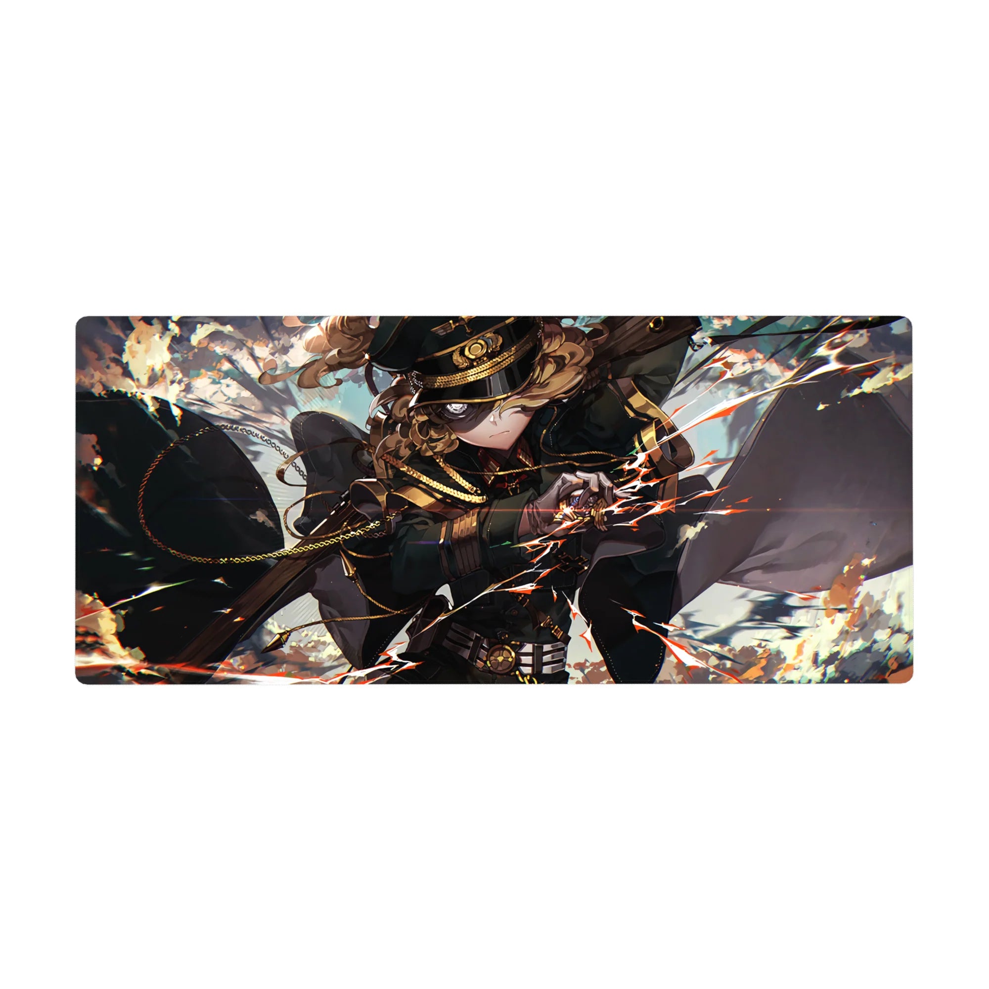 Anime girl desk pad 36x16 inches with commander in black cap, gold-trim uniform, and flowing cloak.