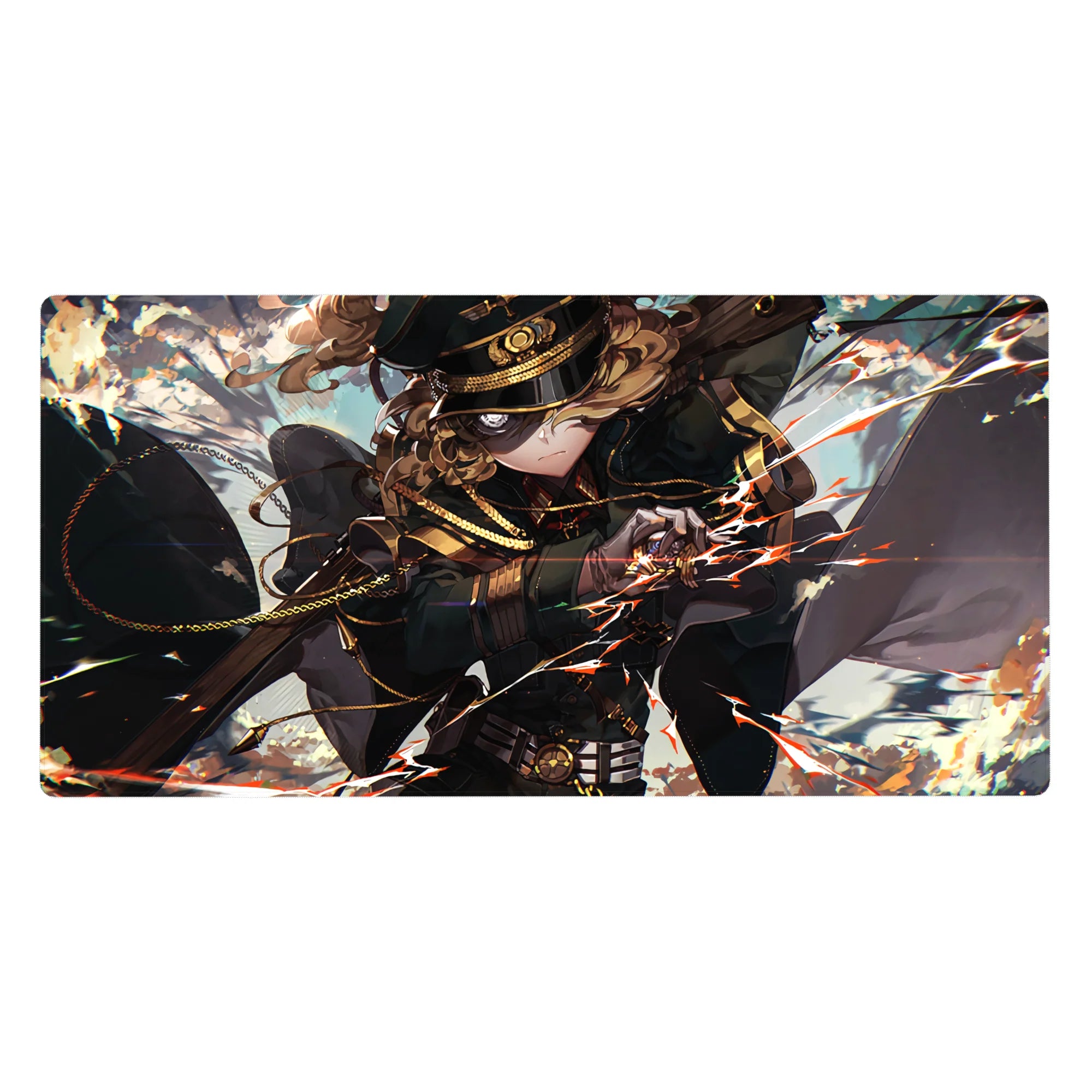 Anime girl desk pad 40x20 inches with commander in black cap, gold-trim uniform, and flaring cloak.