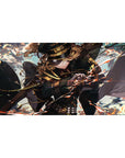 Anime girl desk pad 40x20 inches with commander in black cap, gold-trim uniform, and flaring cloak.