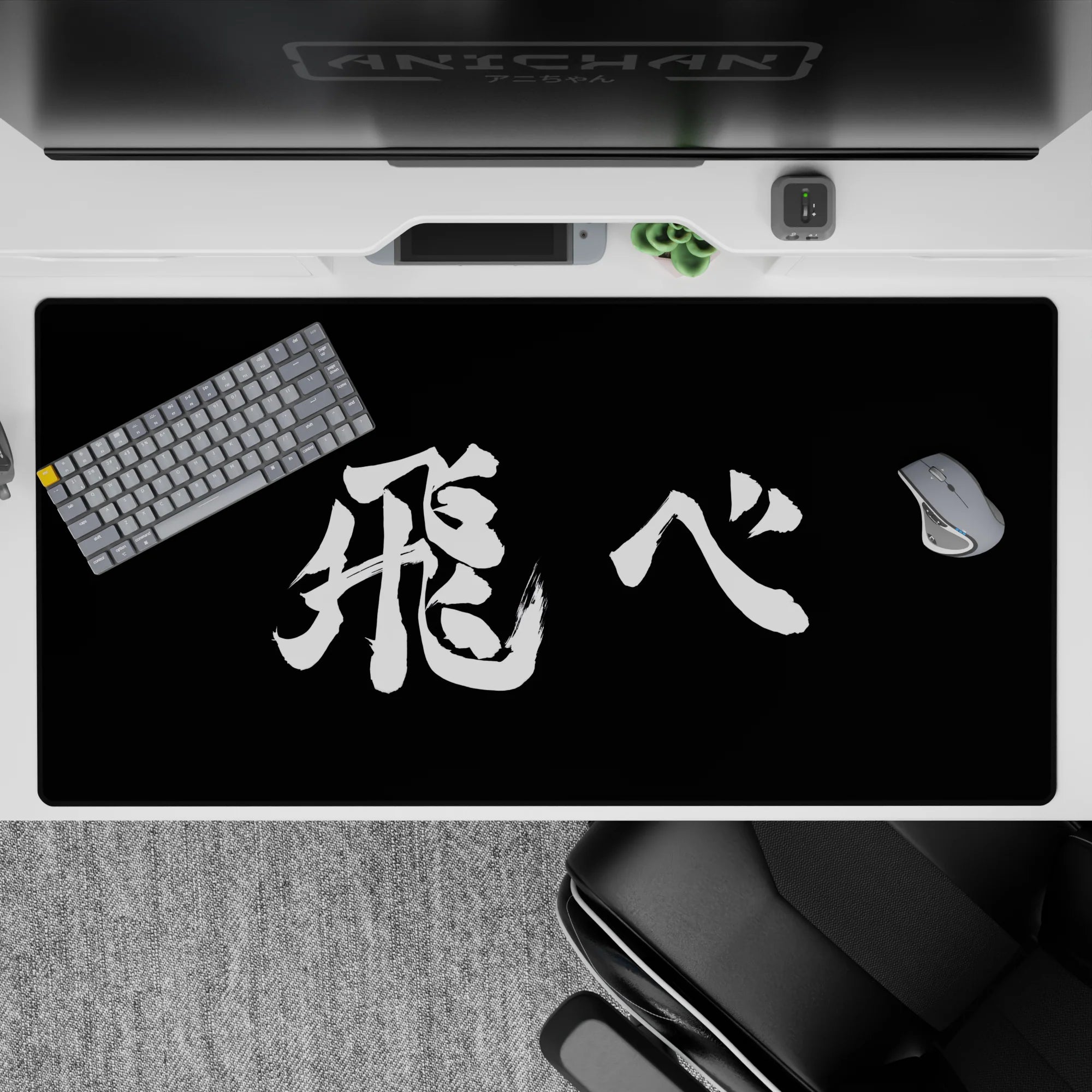 40x20 inches minimalist anime mouse pad in high-contrast black and white, calm focused manga vibe.