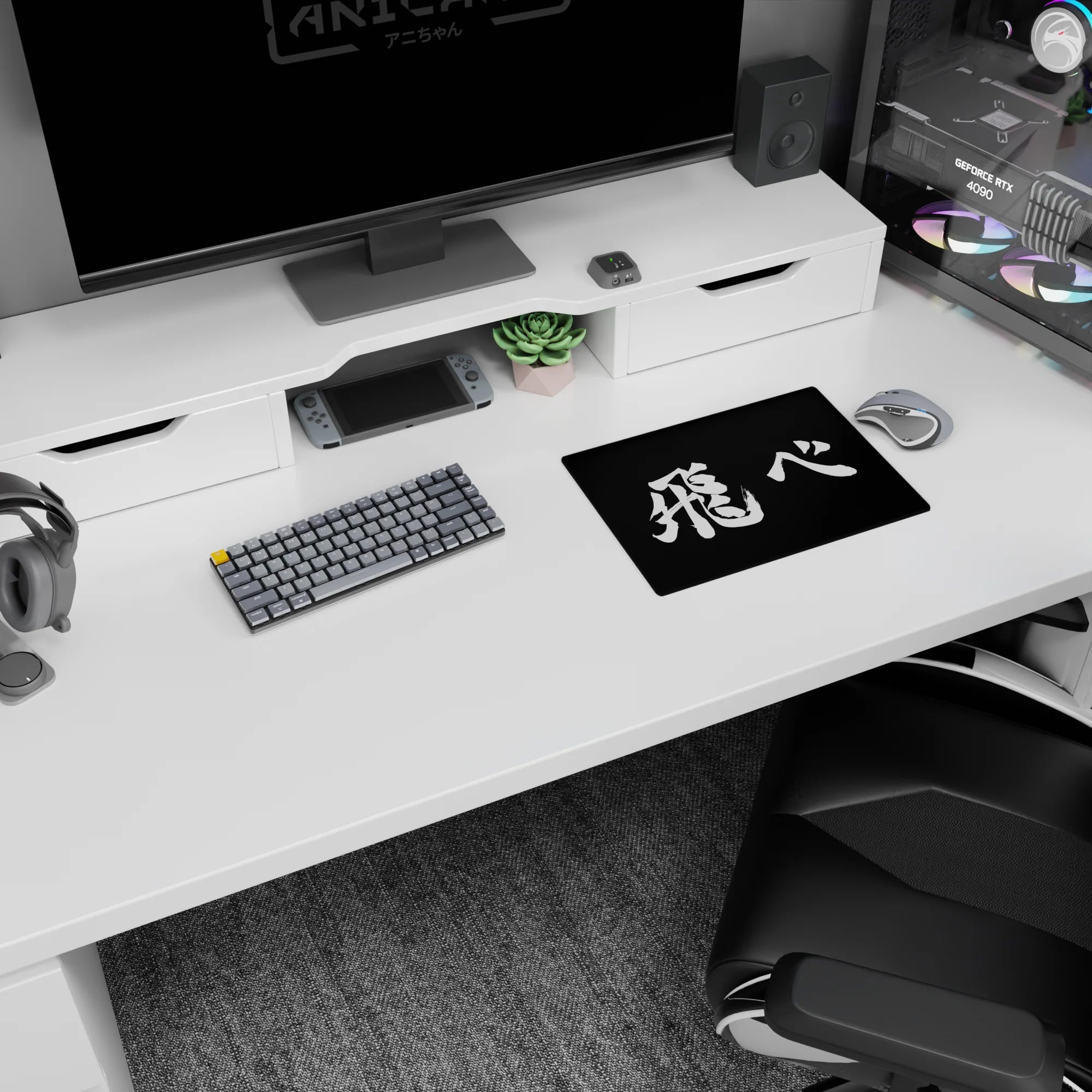 14x10 inches classic anime mouse pad featuring a hand-painted white kanji stroke on deep black, manga-panel vibe.