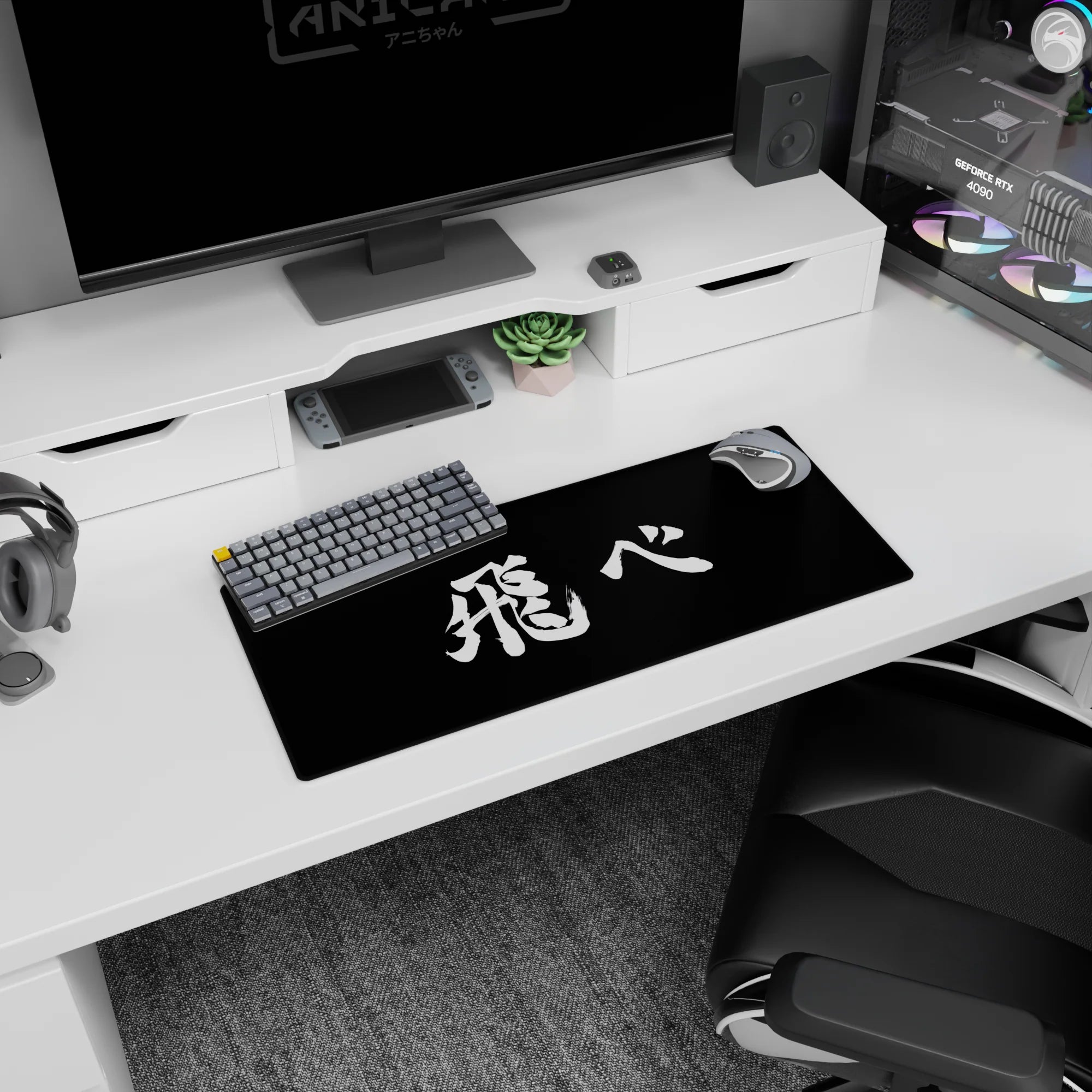 28x12 inches anime mouse pad featuring a dramatic white kanji brushstroke panel on deep black, manga vibe.