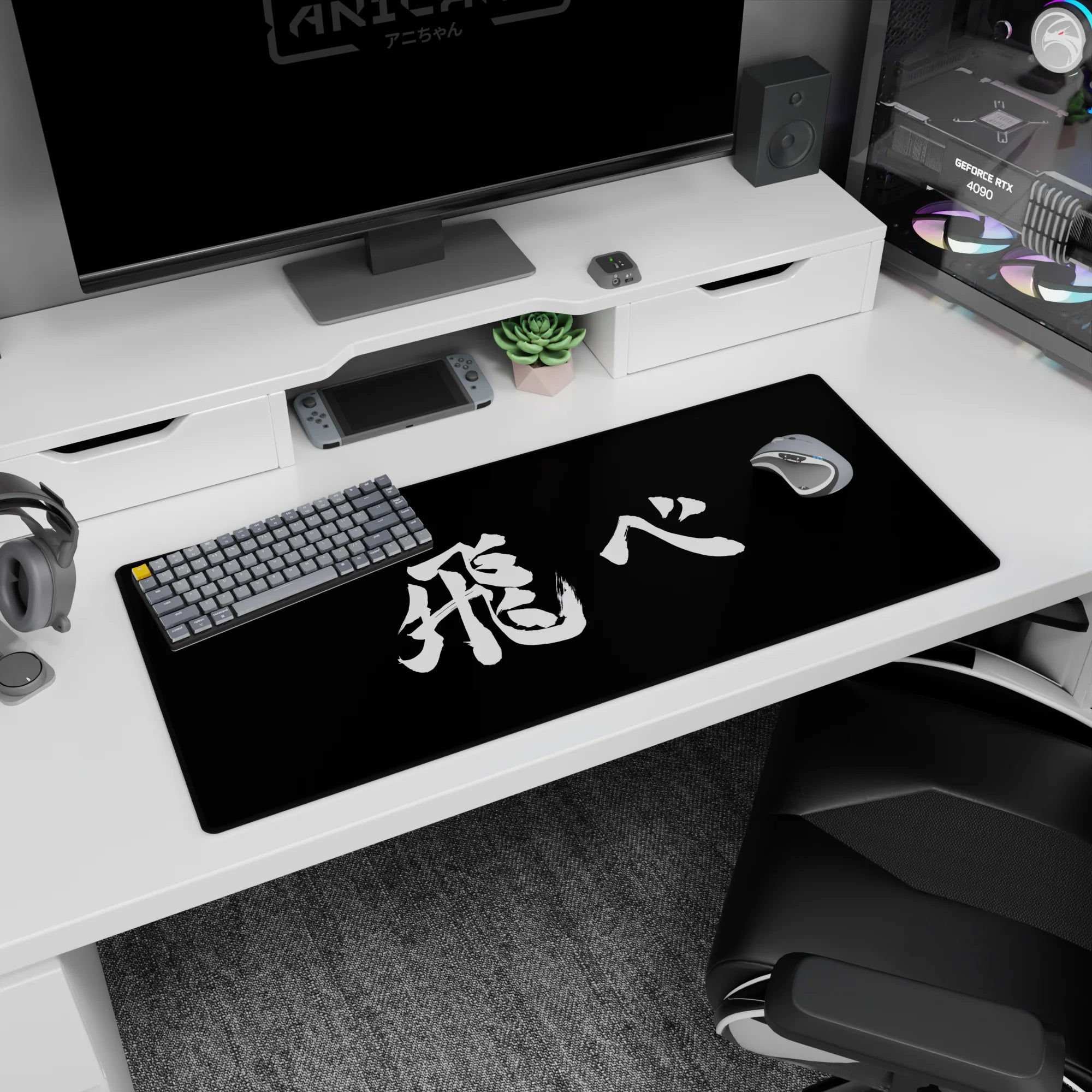 36x16 inches anime desk pad showing raw hand-painted kanji brushstroke like a frozen manga final panel.