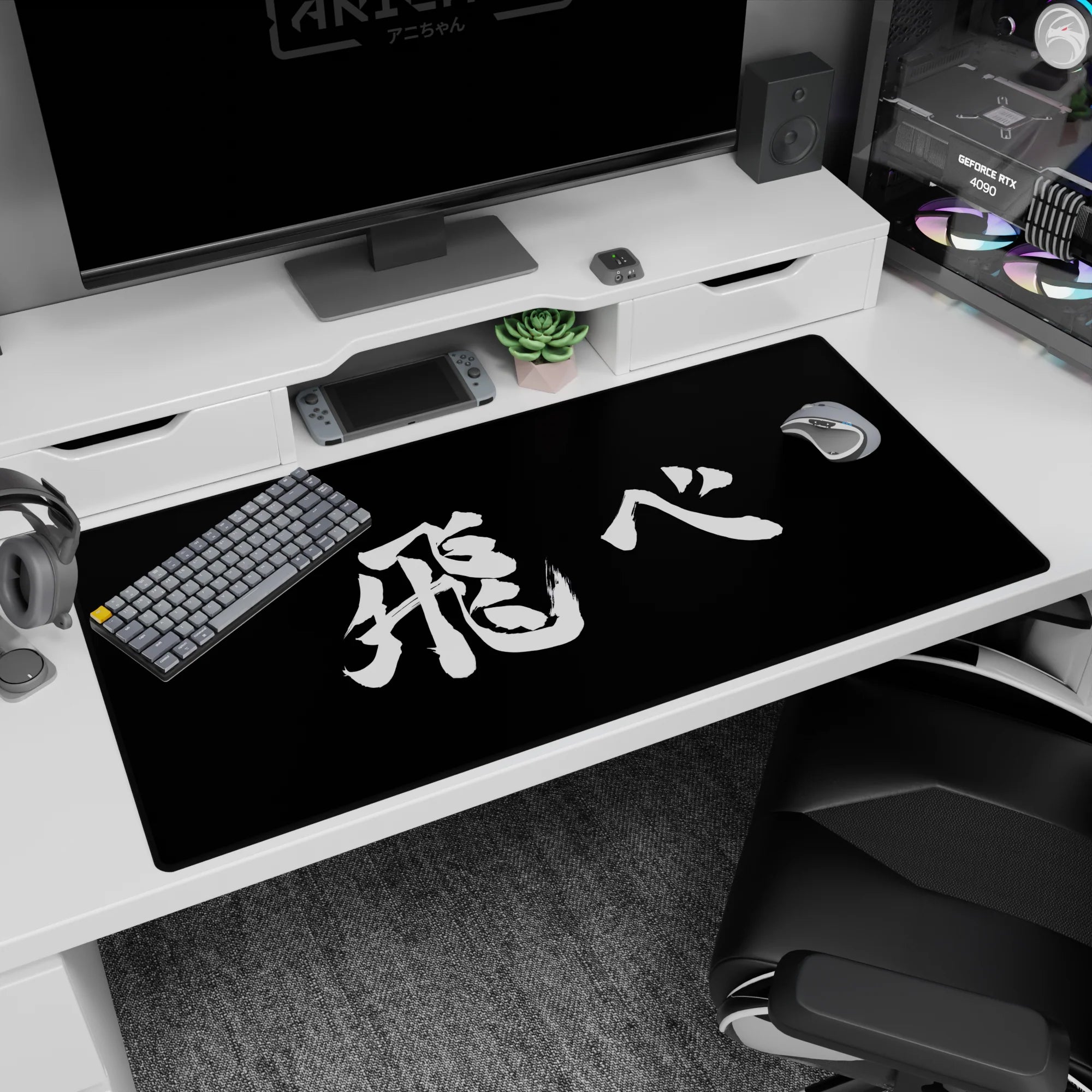 40x20 inches anime desk mat featuring hand-painted white kanji strokes on black like a frozen final panel.