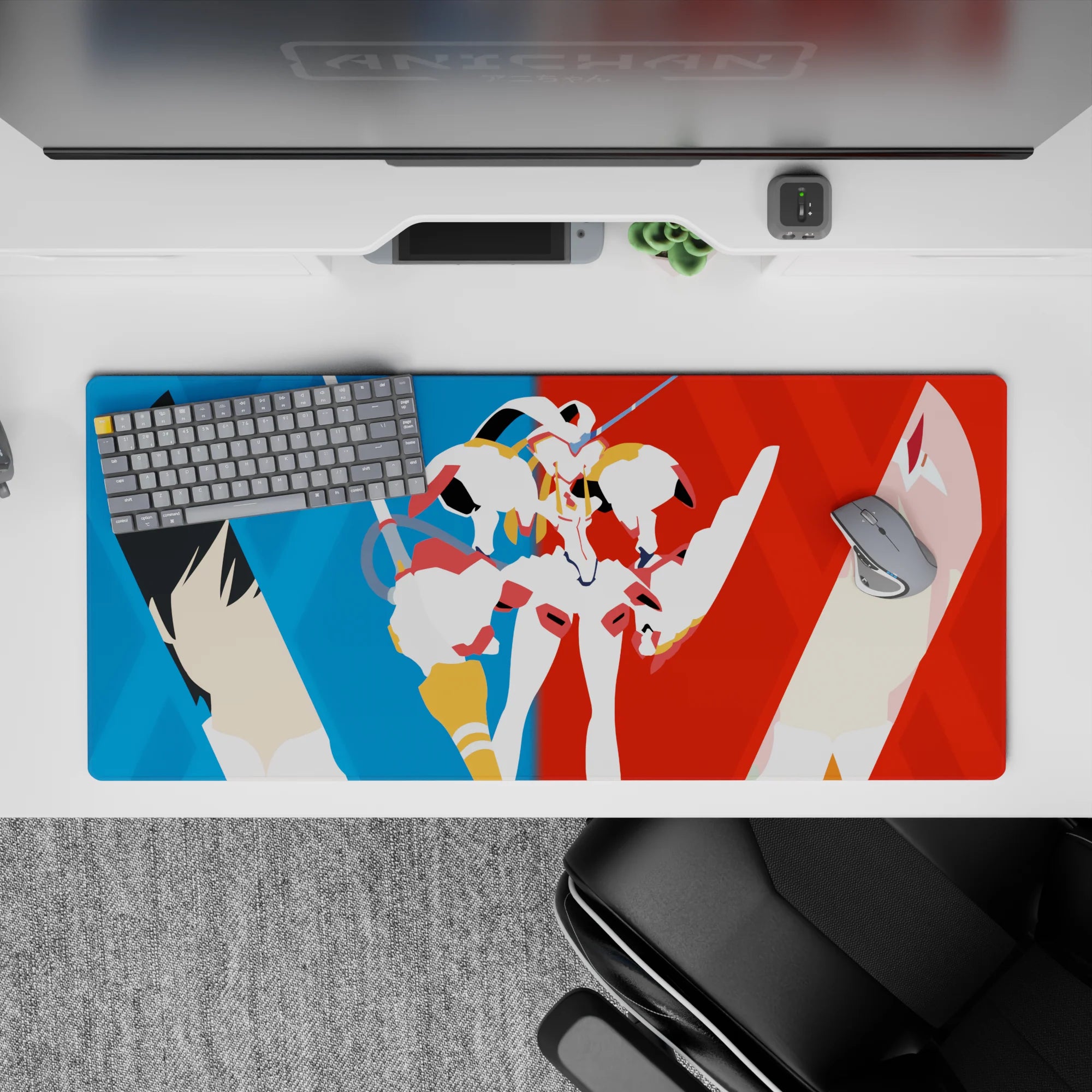 36x16 inches mouse pad with Hiro, Zero Two, and Strelizia design, showcasing their bond through minimalist vector art and bold red and blue contrast.